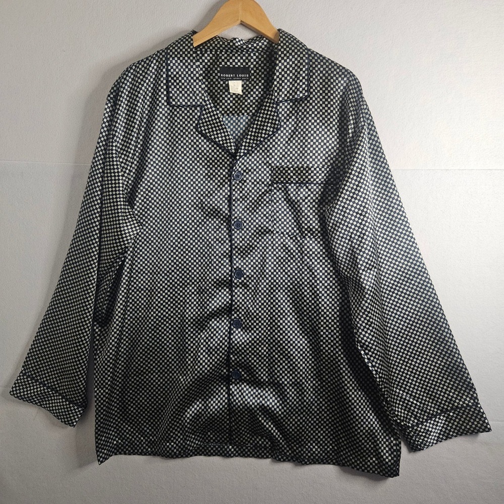 Robert Louis Silk Blend Pajama Top Mens XL Navy Checkered Button Up Shirt Y2K